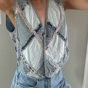 Patchwork Sleeveless Top - Blue and White